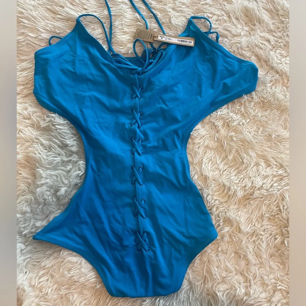 Skims NWT lace up swim suit turquoise SZ 4X